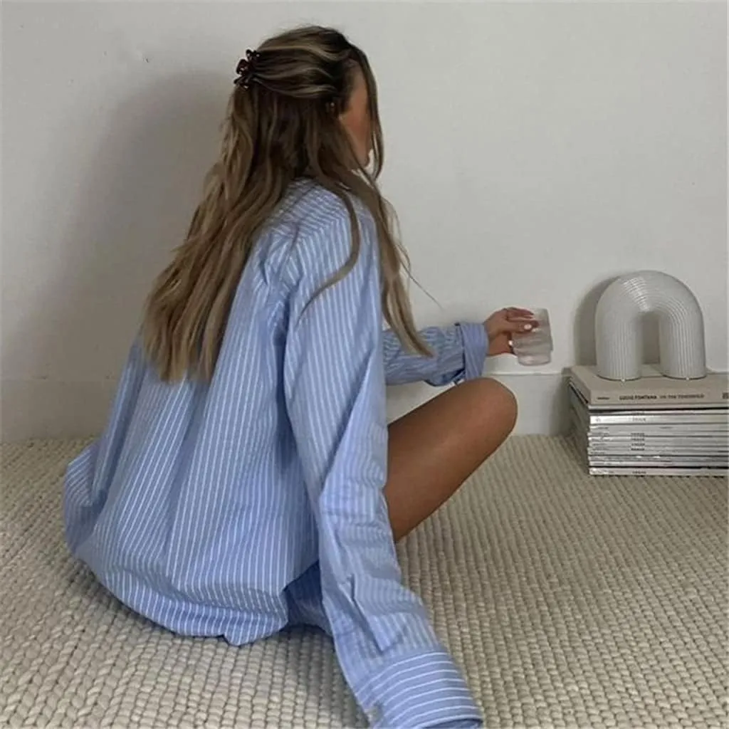 SAFRISIOR Womens 2 Piece Casual Tracksuit Outfit Sets Stripe Long Sleeve Shirt And Loose High Waisted Mini Shorts Set