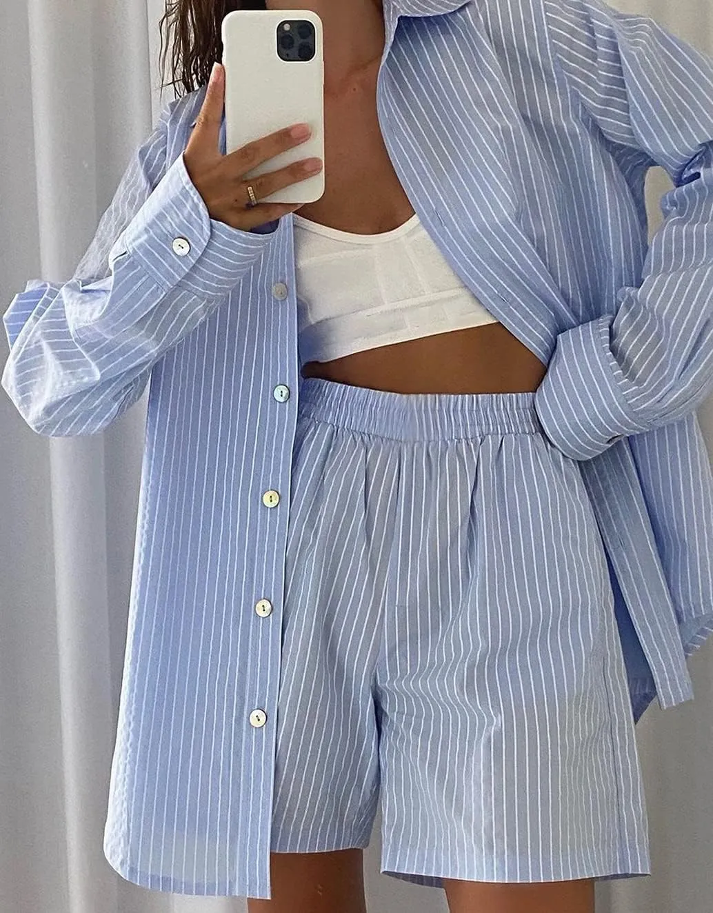 SAFRISIOR Womens 2 Piece Casual Tracksuit Outfit Sets Stripe Long Sleeve Shirt And Loose High Waisted Mini Shorts Set
