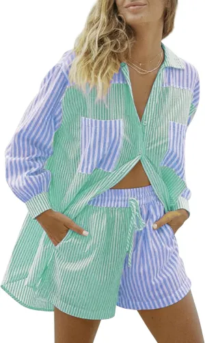 SAFRISIOR Womens 2 Piece Casual Tracksuit Outfit Sets Stripe Long Sleeve Shirt And Loose High Waisted Mini Shorts Set