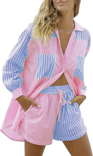 SAFRISIOR Womens 2 Piece Casual Tracksuit Outfit Sets Stripe Long Sleeve Shirt And Loose High Waisted Mini Shorts Set