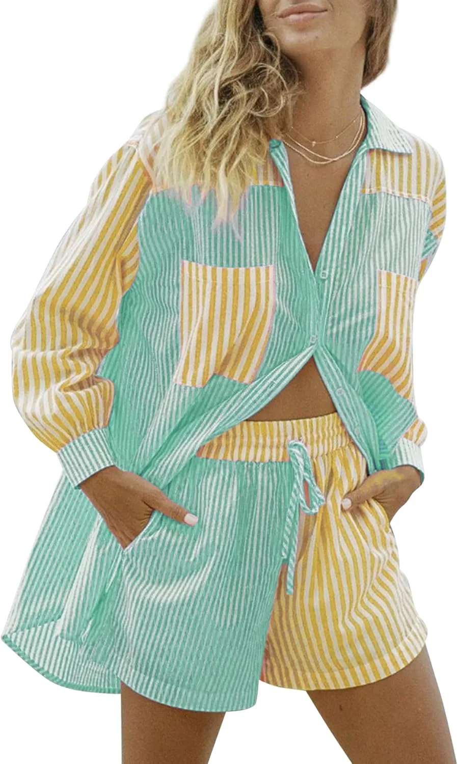 SAFRISIOR Womens 2 Piece Casual Tracksuit Outfit Sets Stripe Long Sleeve Shirt And Loose High Waisted Mini Shorts Set