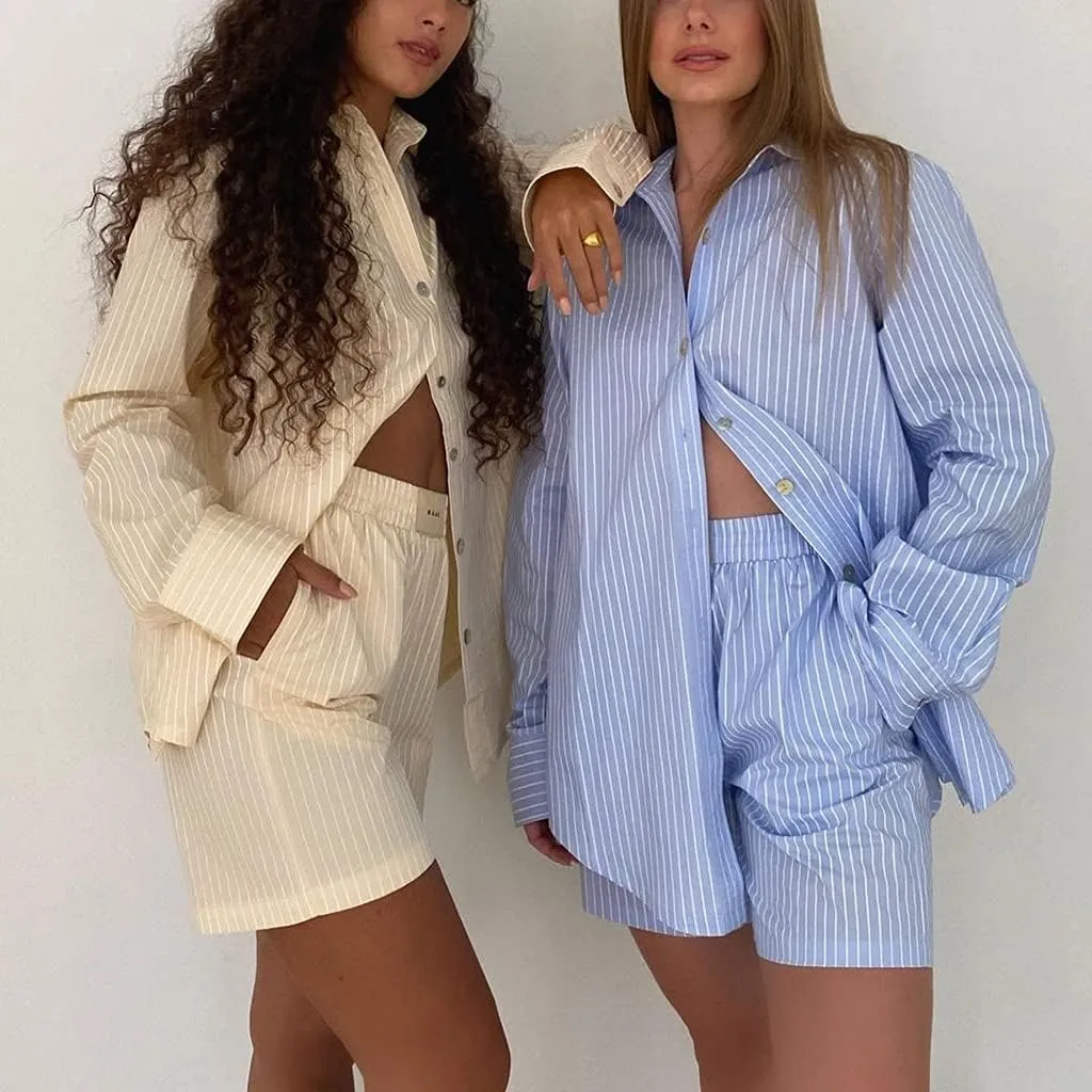 SAFRISIOR Womens 2 Piece Casual Tracksuit Outfit Sets Stripe Long Sleeve Shirt And Loose High Waisted Mini Shorts Set