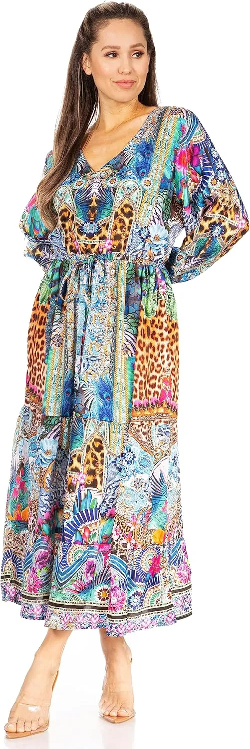 Sakkas Katty Women's V Neck Midi Casual Boho Maxi Long Sleeve Dress Floral Print