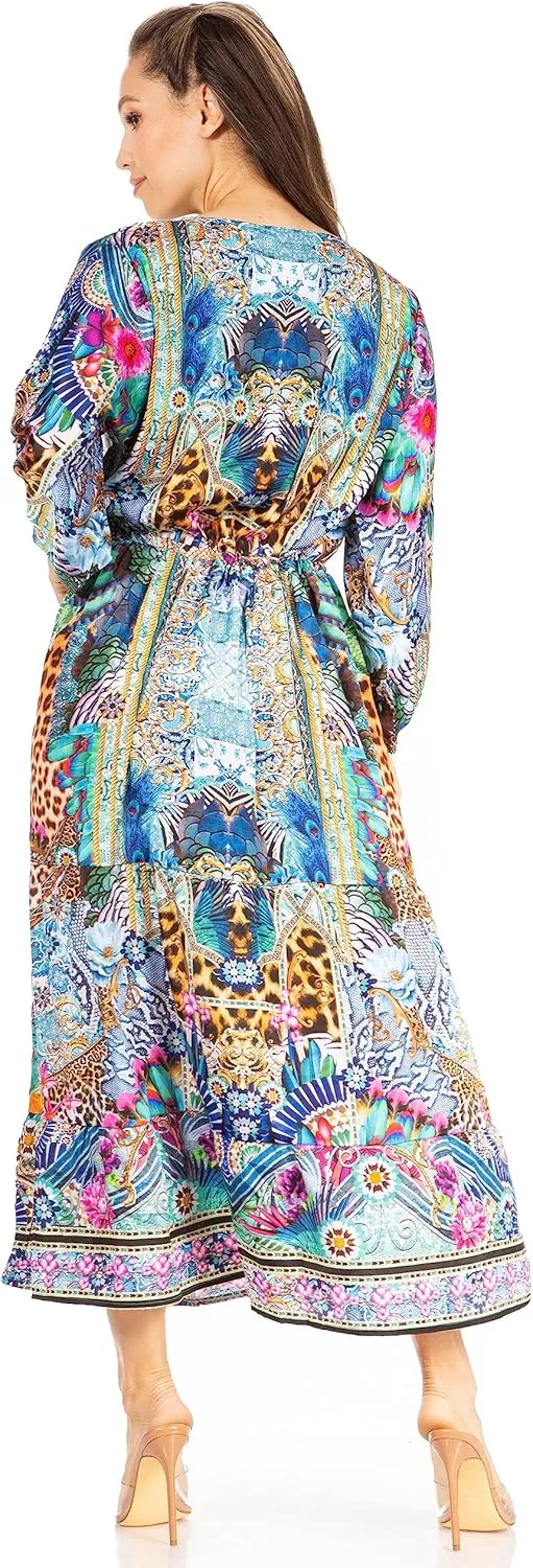 Sakkas Katty Women's V Neck Midi Casual Boho Maxi Long Sleeve Dress Floral Print