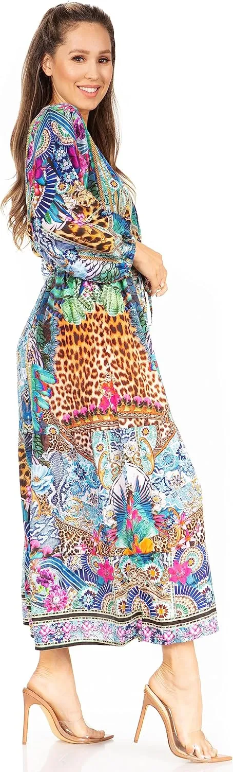 Sakkas Katty Women's V Neck Midi Casual Boho Maxi Long Sleeve Dress Floral Print