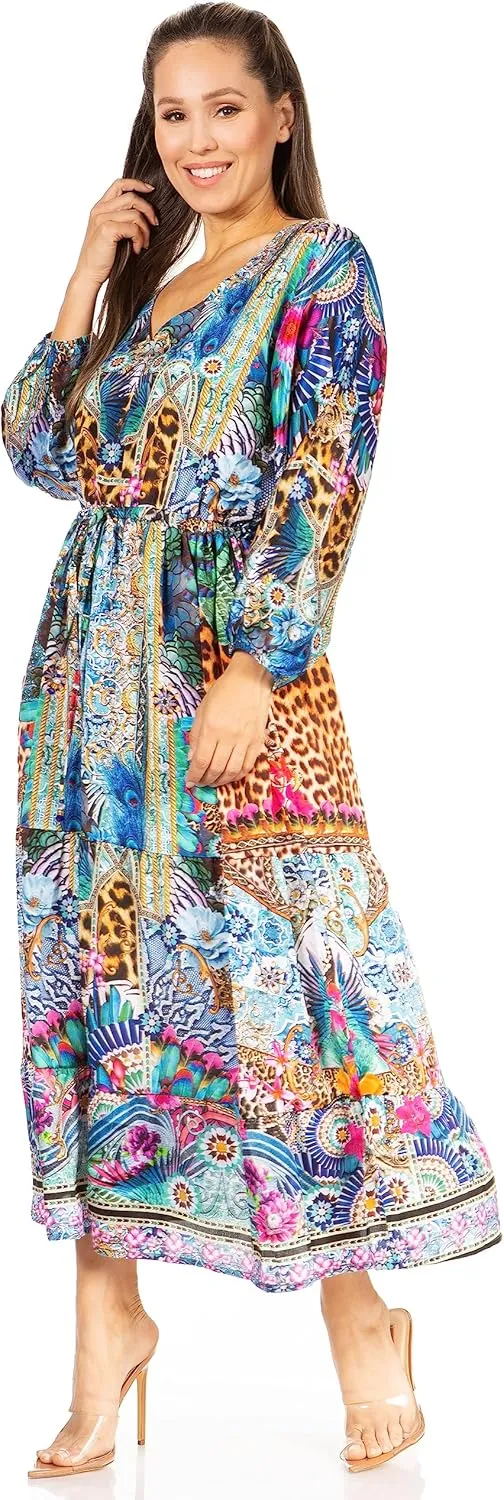 Sakkas Katty Women's V Neck Midi Casual Boho Maxi Long Sleeve Dress Floral Print
