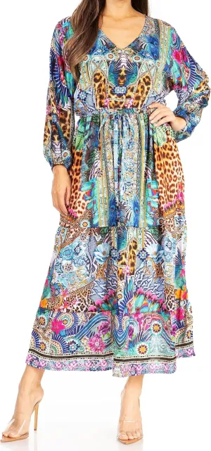Sakkas Katty Women's V Neck Midi Casual Boho Maxi Long Sleeve Dress Floral Print