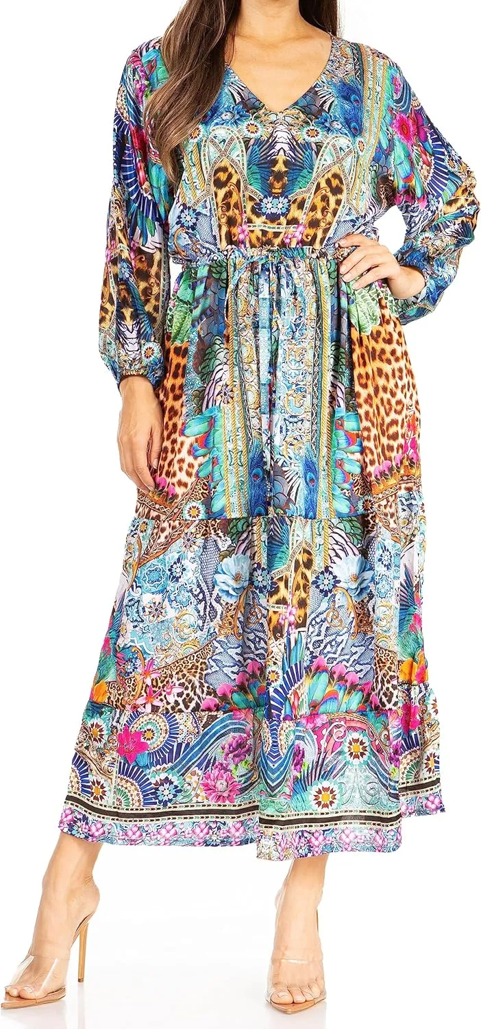 Sakkas Katty Women's V Neck Midi Casual Boho Maxi Long Sleeve Dress Floral Print
