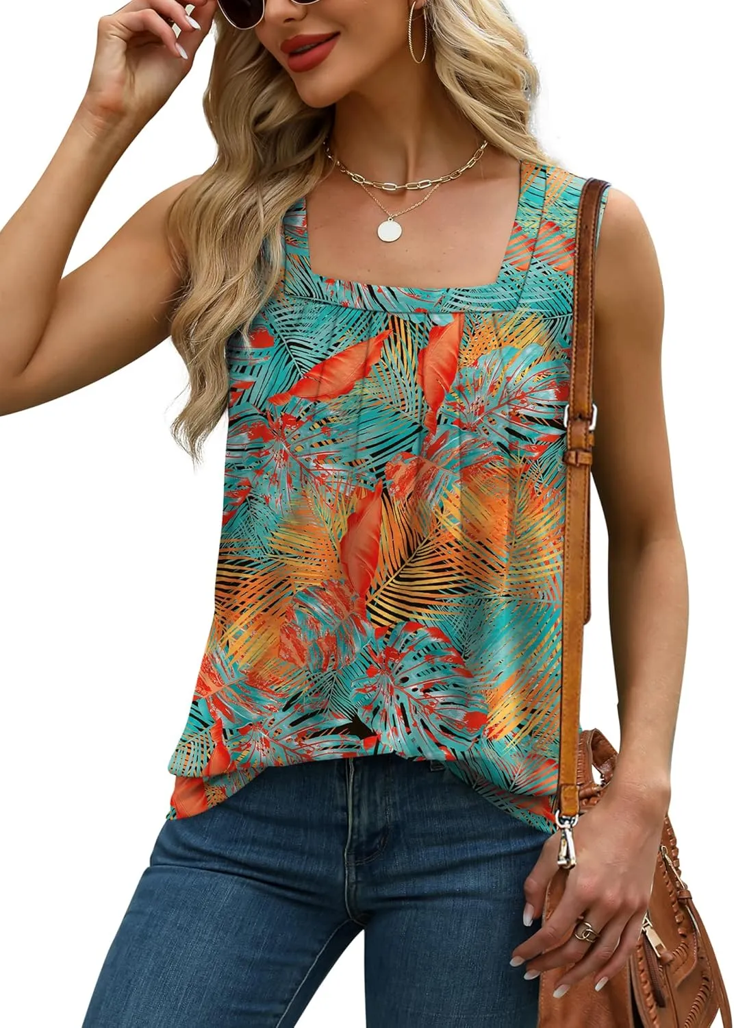 Saloogoe Tank Top for Women Loose Fit Eyelet Summer Tops Flowy Sleeveless Blouses Pleated Square Neck Curved Hem Fashion