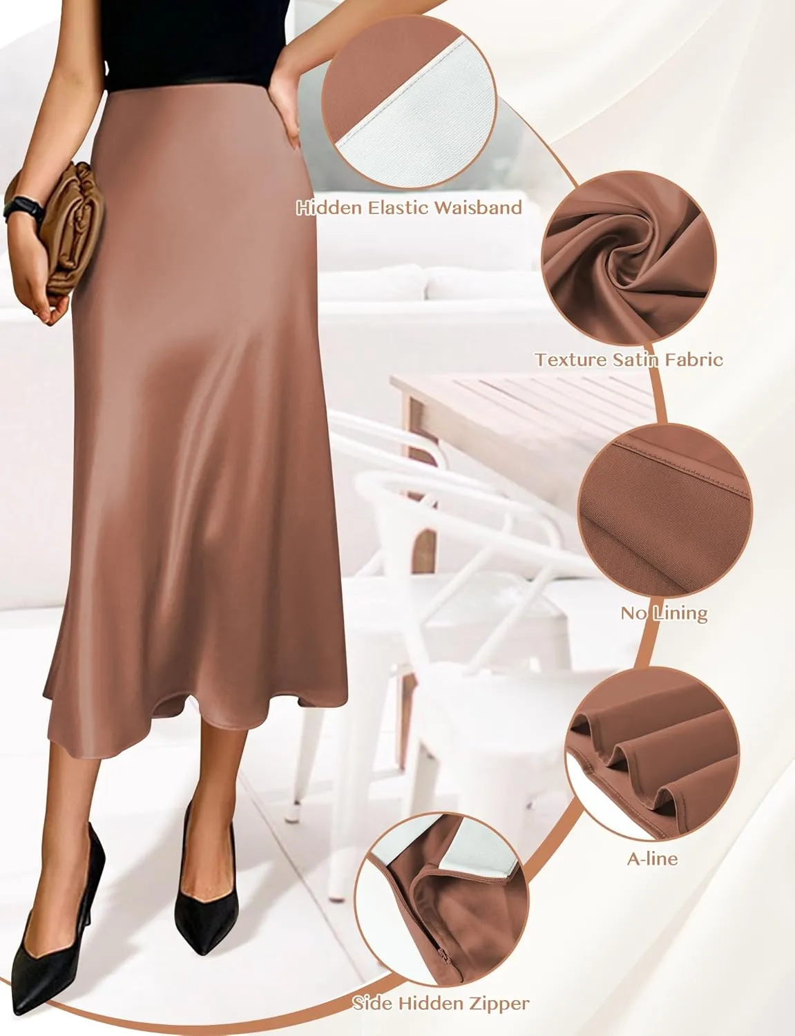 Satin Skirts for Women Trendy, High Waisted Womens Skirts Midi Long Length, Elegant Zipper Flared Elastic A-line Silk Skirts