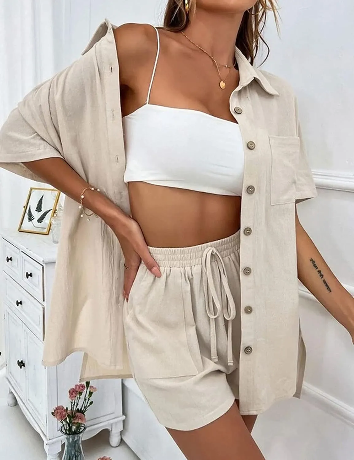 SeekMe Linen Short Sets for Women Short Sleeve Top Shorts 2 Piece Summer Beach Vacation Outfits Lounge Tracksuits