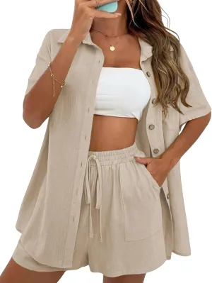 SeekMe Linen Short Sets for Women Short Sleeve Top Shorts 2 Piece Summer Beach Vacation Outfits Lounge Tracksuits