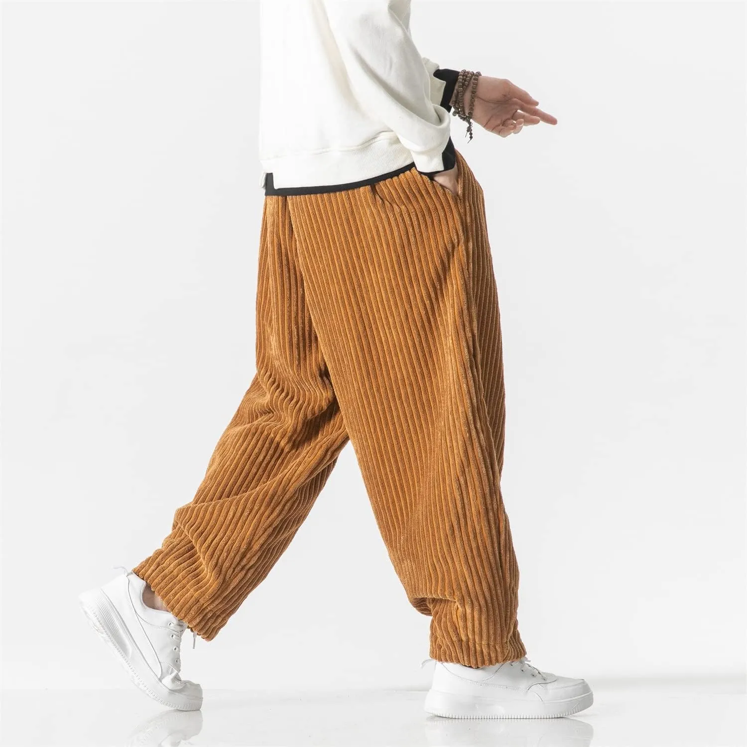 Seidarise Men's Corduroy Pants Straight Baggy Wide Leg Stretch Elastic Waist Drawstring Relaxed Fit Trousers Pant