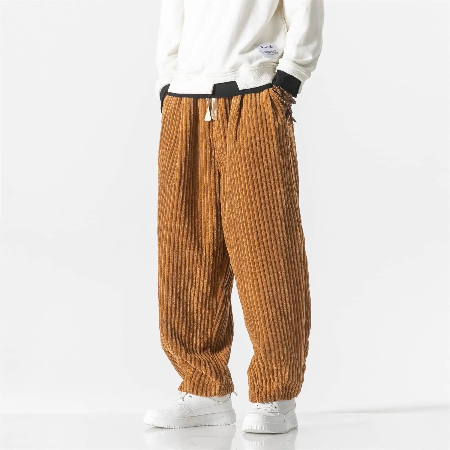 Seidarise Men's Corduroy Pants Straight Baggy Wide Leg Stretch Elastic Waist Drawstring Relaxed Fit Trousers Pant
