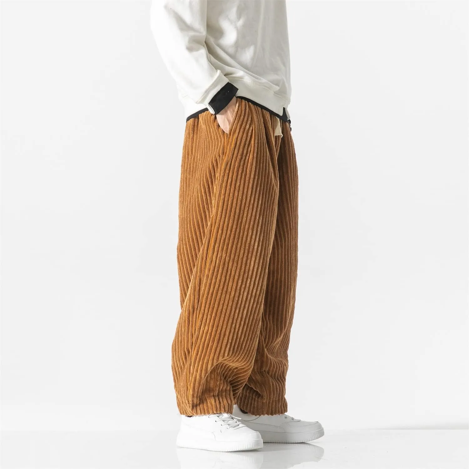 Seidarise Men's Corduroy Pants Straight Baggy Wide Leg Stretch Elastic Waist Drawstring Relaxed Fit Trousers Pant