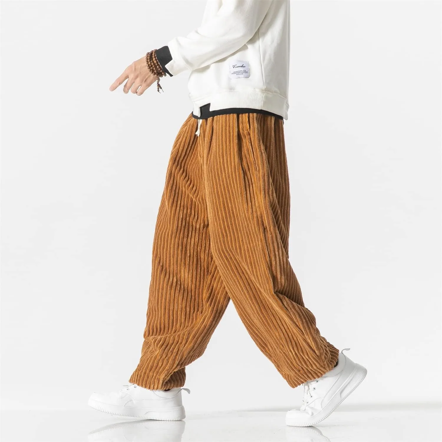 Seidarise Men's Corduroy Pants Straight Baggy Wide Leg Stretch Elastic Waist Drawstring Relaxed Fit Trousers Pant
