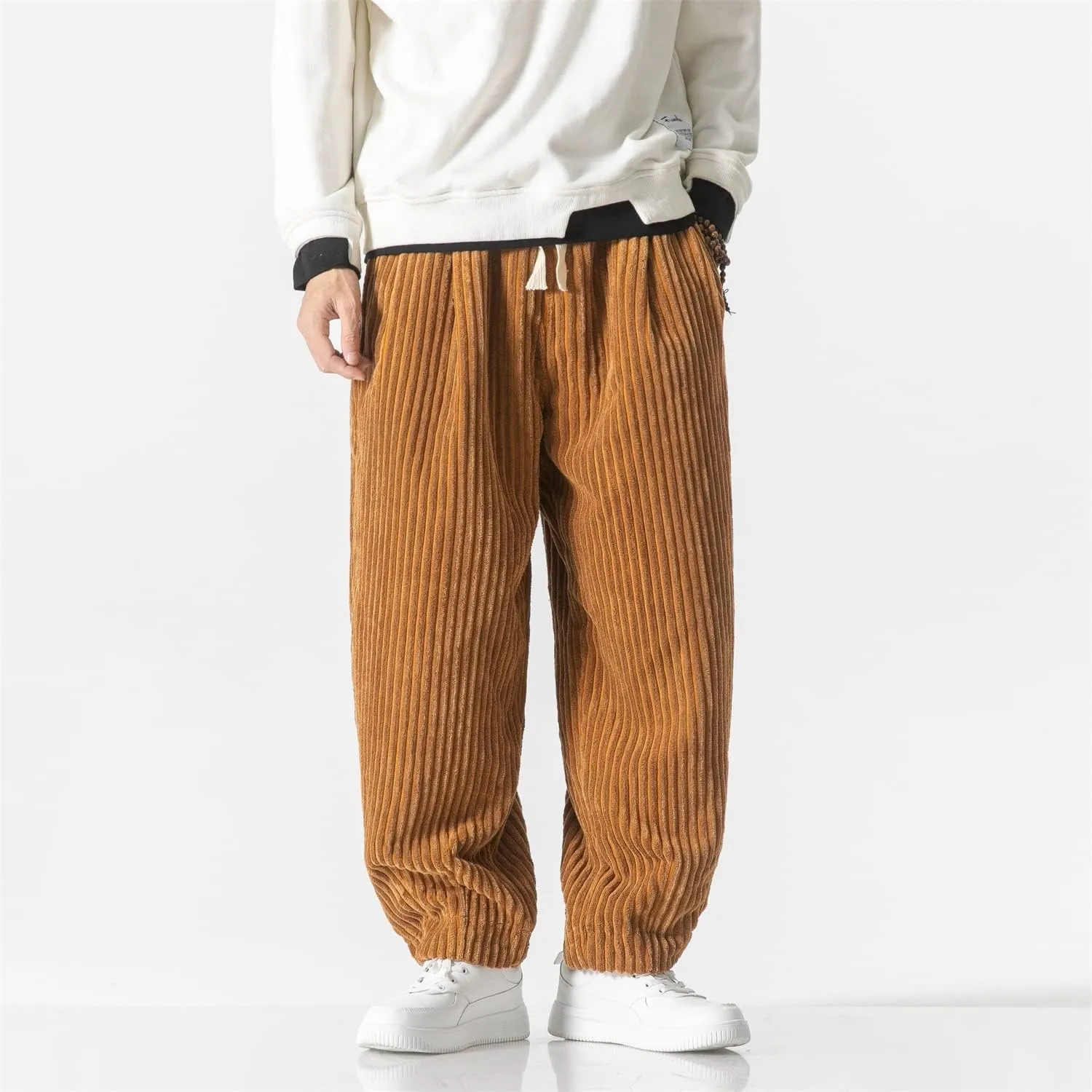 Seidarise Men's Corduroy Pants Straight Baggy Wide Leg Stretch Elastic Waist Drawstring Relaxed Fit Trousers Pant