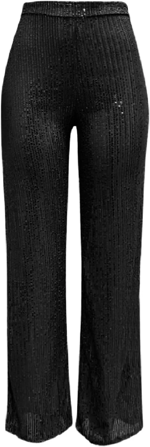 Sequin Pants for Women Sparkly Glitter Baggy Flowy High Waist Wide Leg Palazzo Trousers Party Club Bling Leggings
