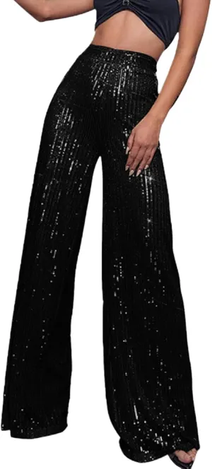 Sequin Pants for Women Sparkly Glitter Baggy Flowy High Waist Wide Leg Palazzo Trousers Party Club Bling Leggings