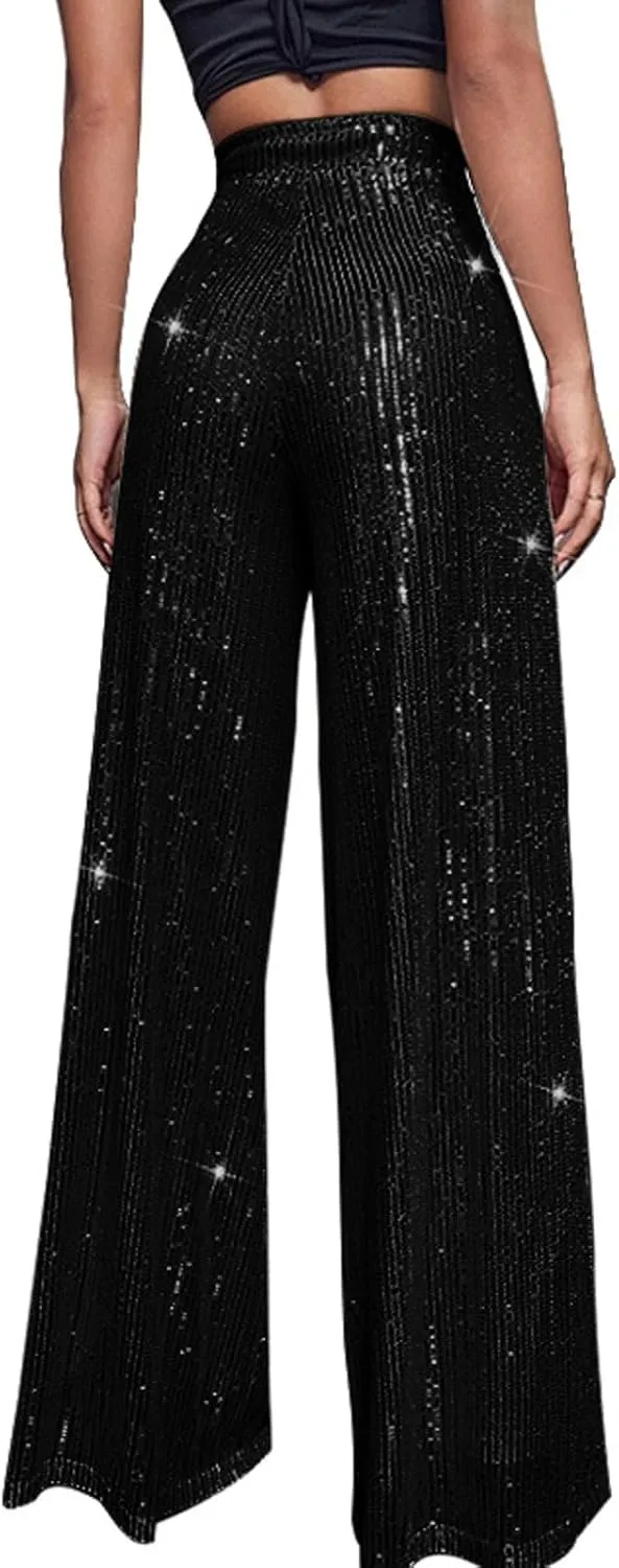 Sequin Pants for Women Sparkly Glitter Baggy Flowy High Waist Wide Leg Palazzo Trousers Party Club Bling Leggings