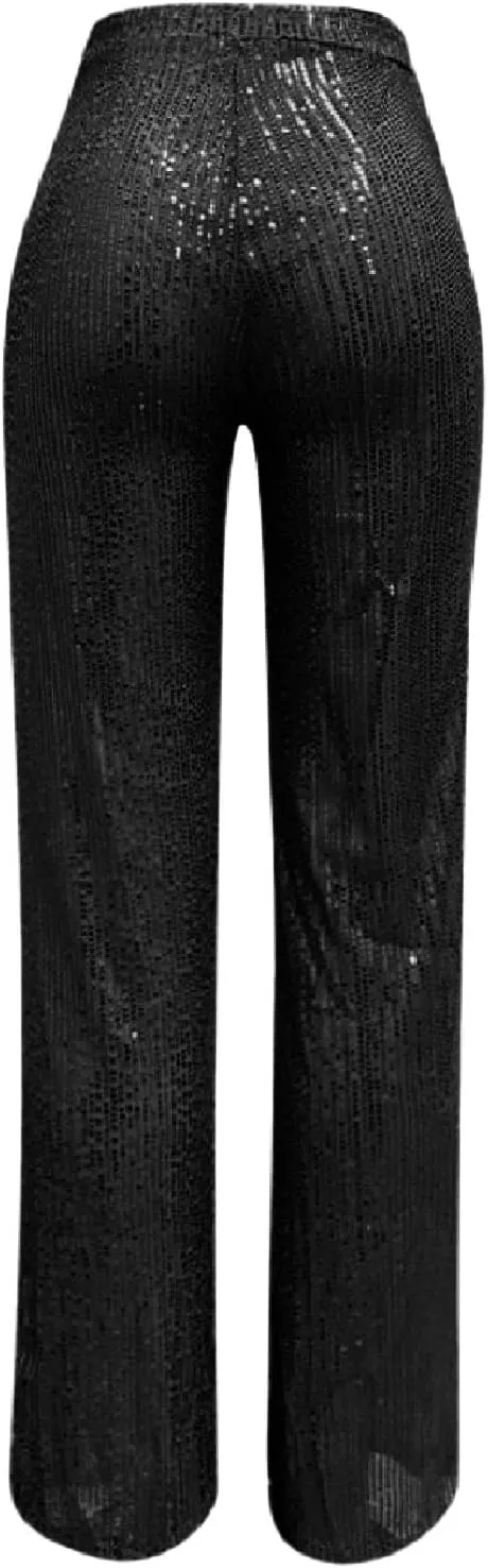 Sequin Pants for Women Sparkly Glitter Baggy Flowy High Waist Wide Leg Palazzo Trousers Party Club Bling Leggings