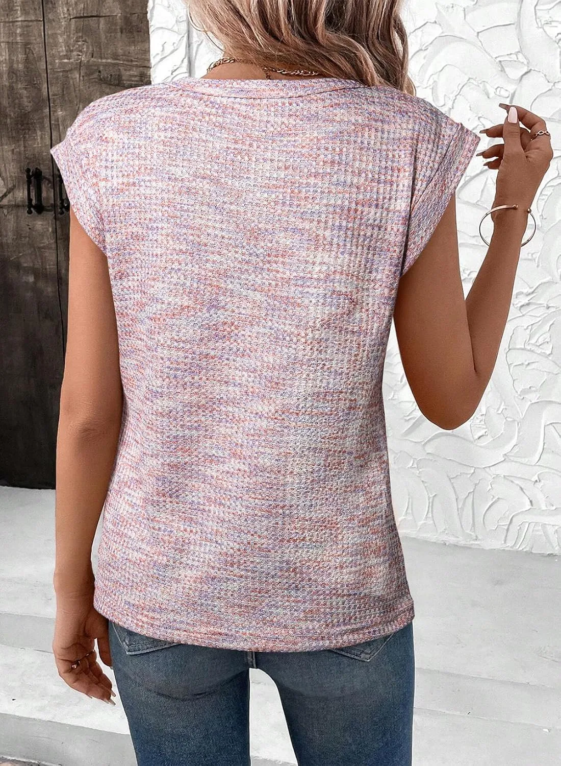SHEWIN Summer Tops for Women Casual Crew Neck Waffle Knit Cap Sleeve Shirts Loose Fit Blouses Top