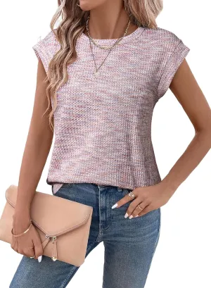 SHEWIN Summer Tops for Women Casual Crew Neck Waffle Knit Cap Sleeve Shirts Loose Fit Blouses Top