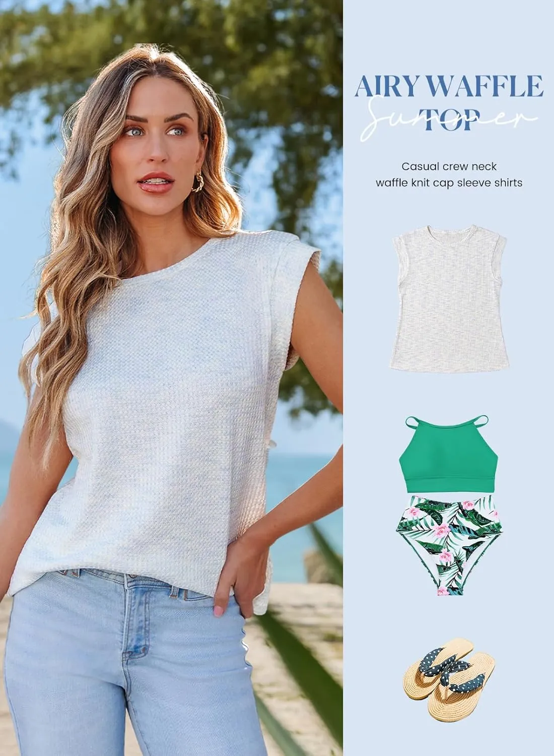 SHEWIN Summer Tops for Women Casual Crew Neck Waffle Knit Cap Sleeve Shirts Loose Fit Blouses Top