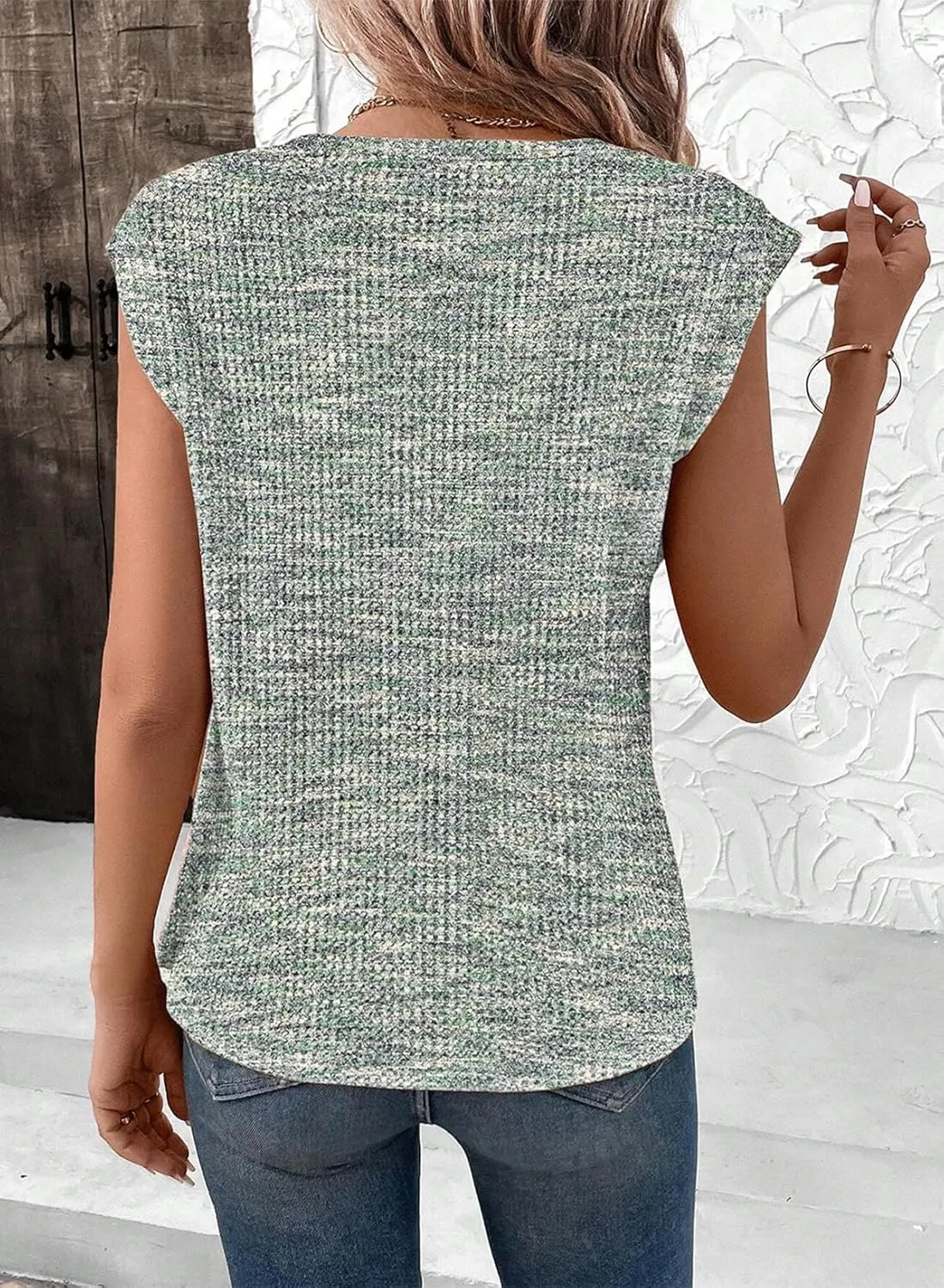 SHEWIN Summer Tops for Women Casual Crew Neck Waffle Knit Cap Sleeve Shirts Loose Fit Blouses Top