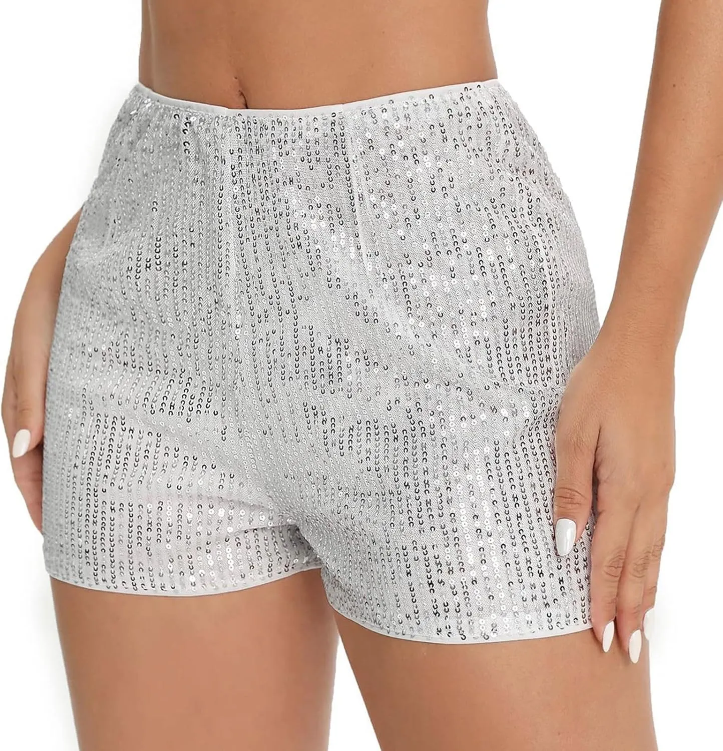 Shorts for Women Sequined Shiny High Waisted Casual Baggy Skorts Elastic Waist Straight Leg Comfort Trendy Clubwear