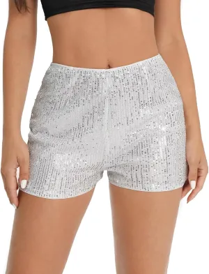 Shorts for Women Sequined Shiny High Waisted Casual Baggy Skorts Elastic Waist Straight Leg Comfort Trendy Clubwear
