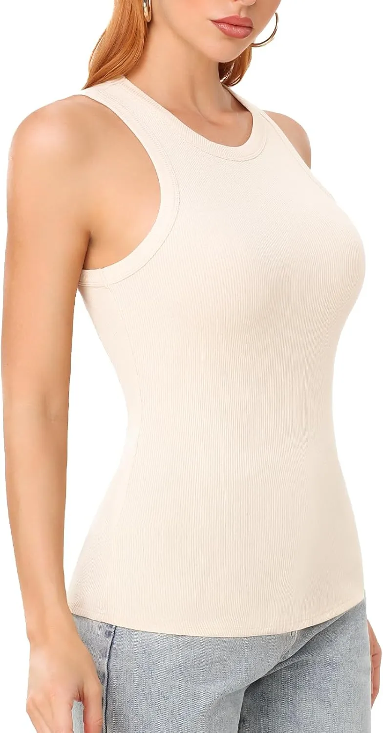 SIMIYA Tank Tops for Women Ribbed Sleeveless Racerback Summer Basic Cami Top Shirt Round High Neck Slim Fitted Blouses