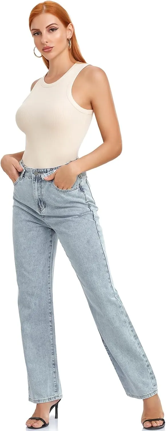SIMIYA Tank Tops for Women Ribbed Sleeveless Racerback Summer Basic Cami Top Shirt Round High Neck Slim Fitted Blouses