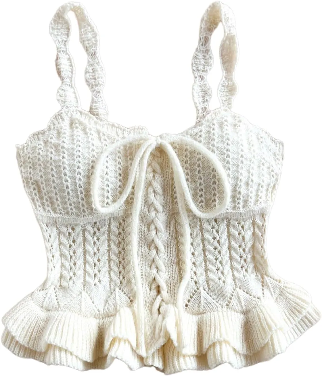 SOLY HUX Women's Crochet Knitted Crop Top Sleeveless Tie Front Ruffle Trim Camisole Streetwear Vacation Clothes