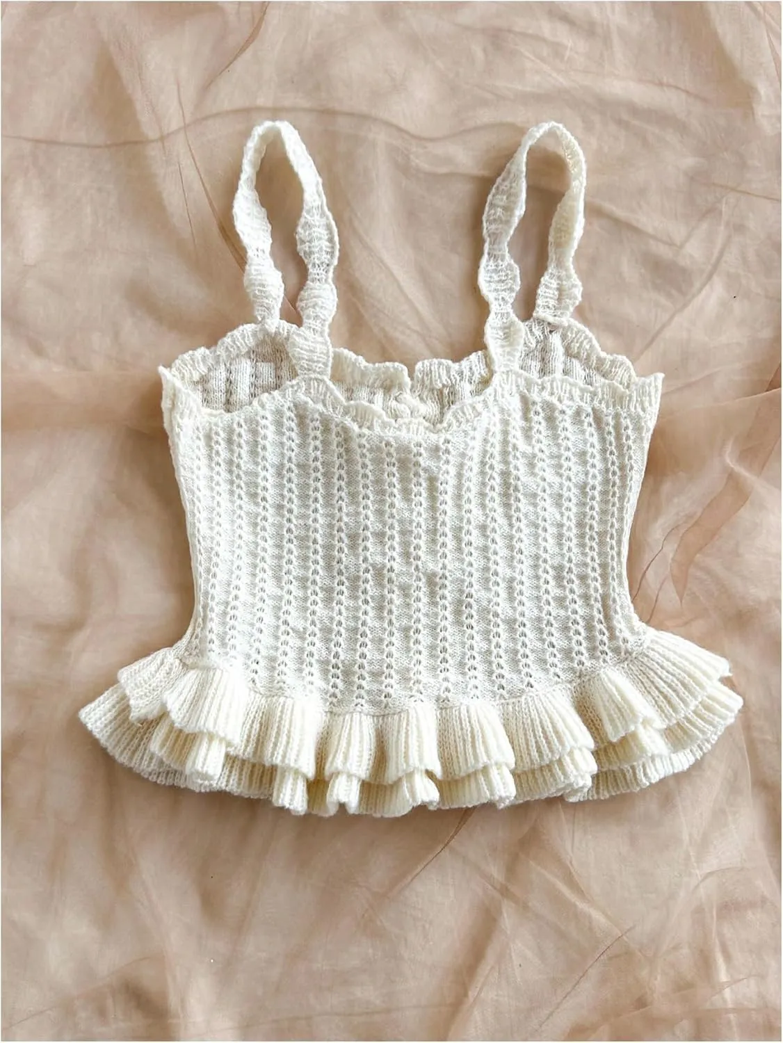 SOLY HUX Women's Crochet Knitted Crop Top Sleeveless Tie Front Ruffle Trim Camisole Streetwear Vacation Clothes
