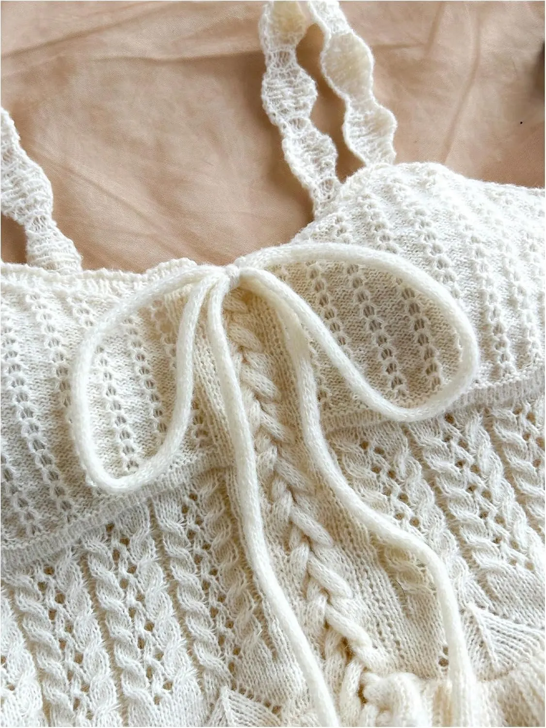 SOLY HUX Women's Crochet Knitted Crop Top Sleeveless Tie Front Ruffle Trim Camisole Streetwear Vacation Clothes