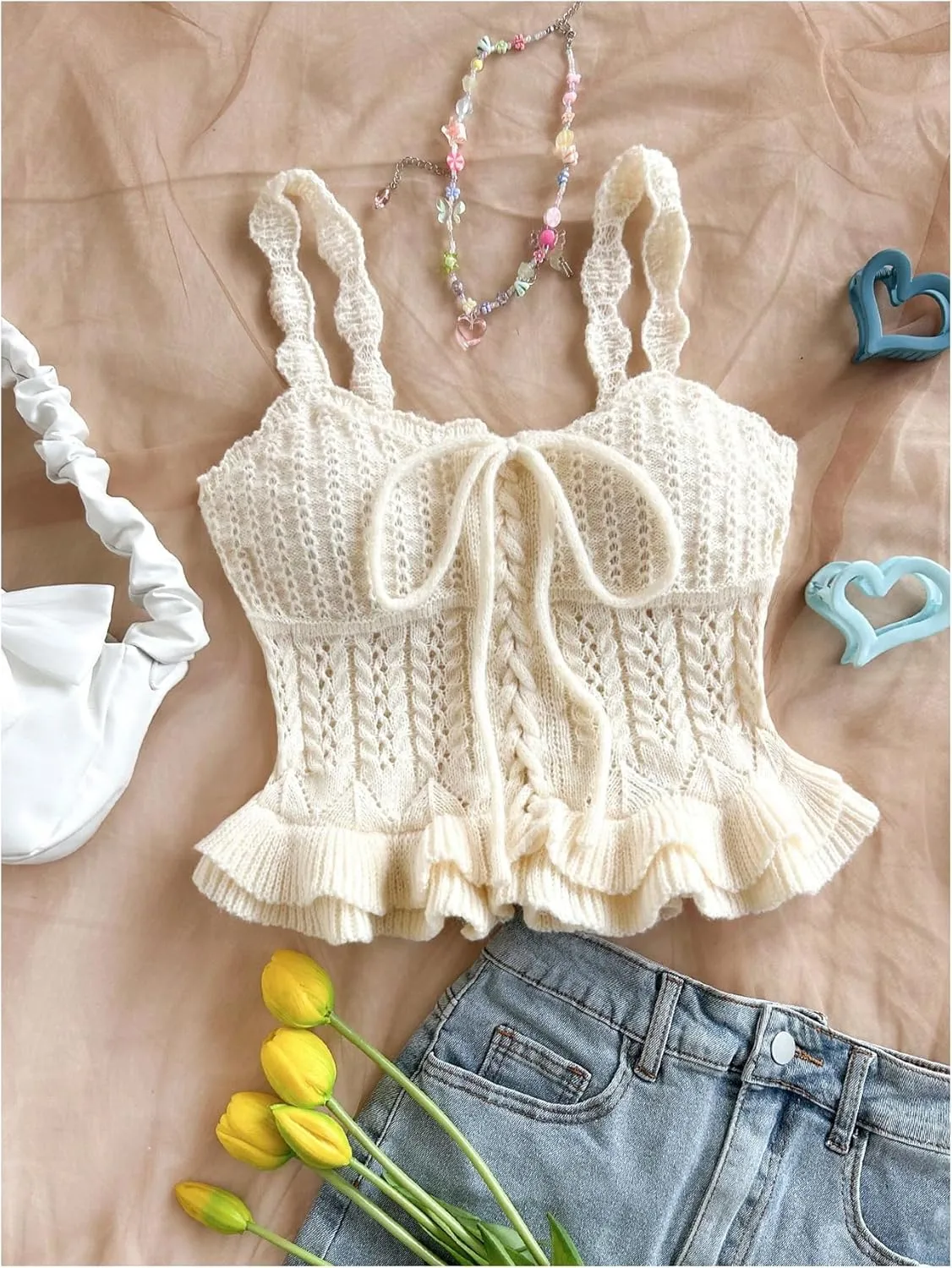SOLY HUX Women's Crochet Knitted Crop Top Sleeveless Tie Front Ruffle Trim Camisole Streetwear Vacation Clothes