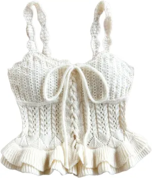 SOLY HUX Women's Crochet Knitted Crop Top Sleeveless Tie Front Ruffle Trim Camisole Streetwear Vacation Clothes