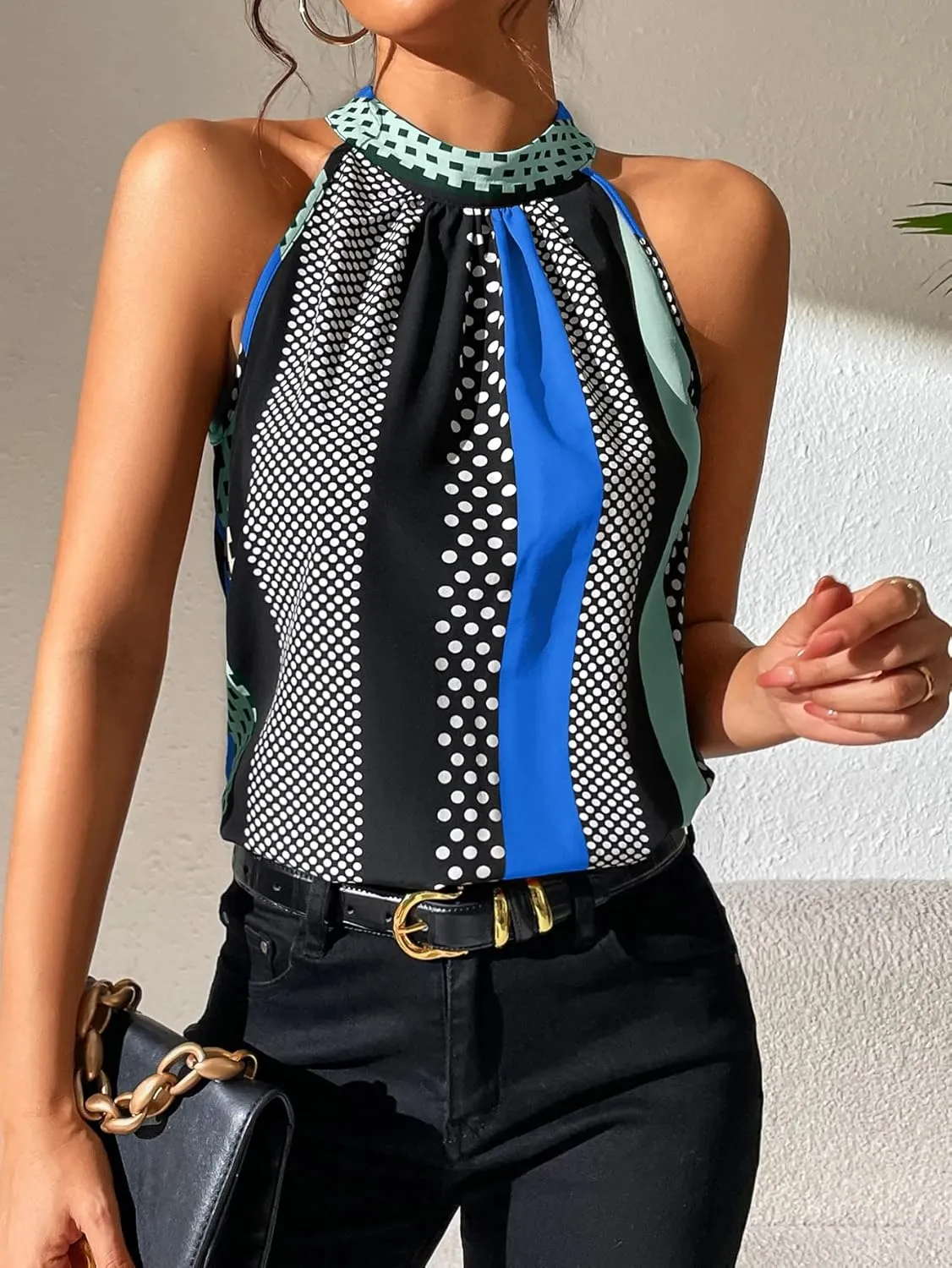 SOLY HUX Women's Summer Halter Tops Keyhole Polka Dots Blouses Striped Tank Top Casual Sleeveless Shirts