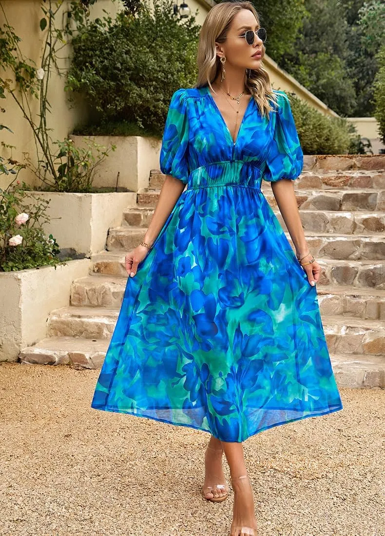 Spring Dresses for Women 2024 Casual,Temperament V-Neck Waist Printed Long Skirt,Puff-Sleeve V-Neck Floral Dress