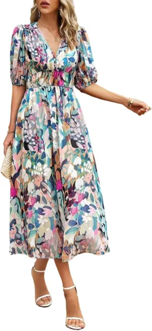 Spring Dresses for Women 2024 Casual,Temperament V-Neck Waist Printed Long Skirt,Puff-Sleeve V-Neck Floral Dress