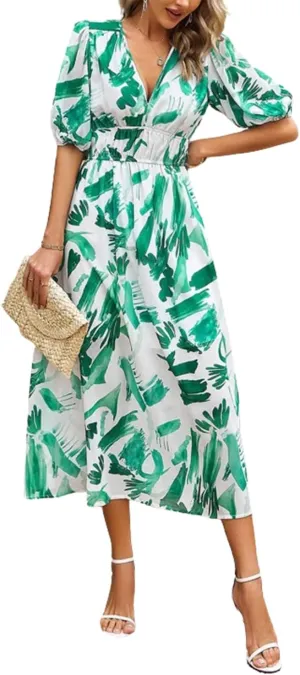 Spring Dresses for Women 2024 Casual,Temperament V-Neck Waist Printed Long Skirt,Puff-Sleeve V-Neck Floral Dress