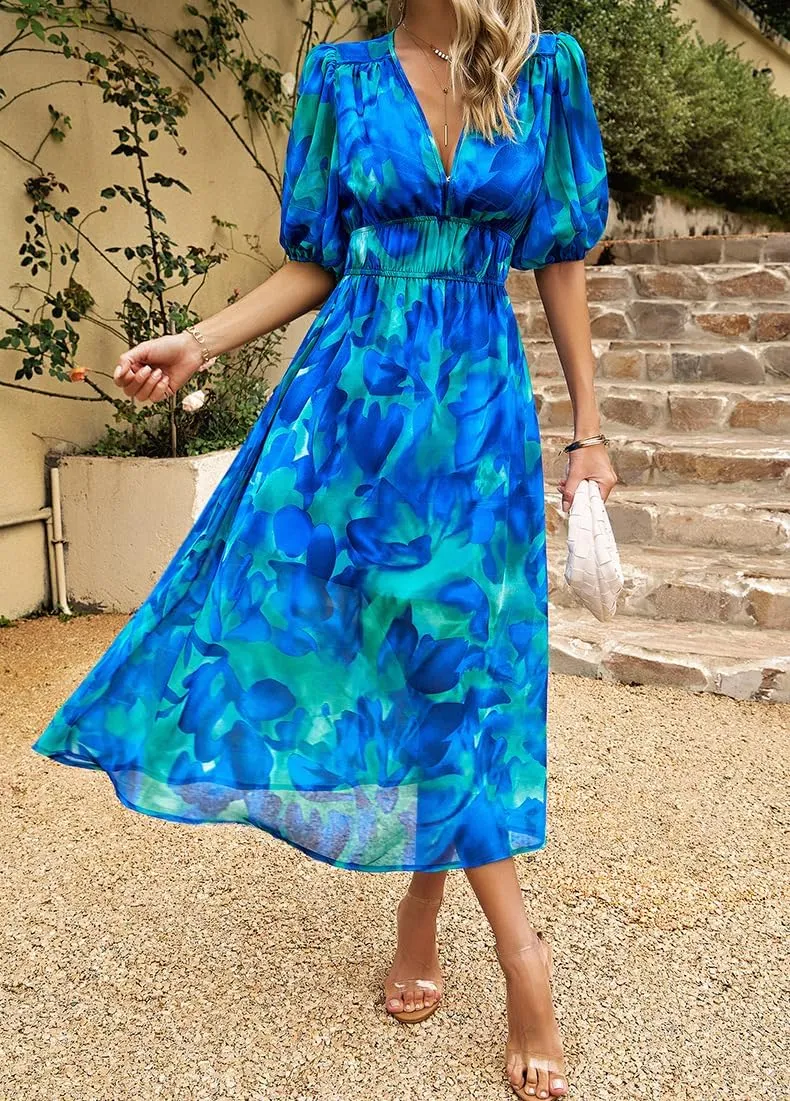 Spring Dresses for Women 2024 Casual,Temperament V-Neck Waist Printed Long Skirt,Puff-Sleeve V-Neck Floral Dress