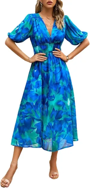 Spring Dresses for Women 2024 Casual,Temperament V-Neck Waist Printed Long Skirt,Puff-Sleeve V-Neck Floral Dress
