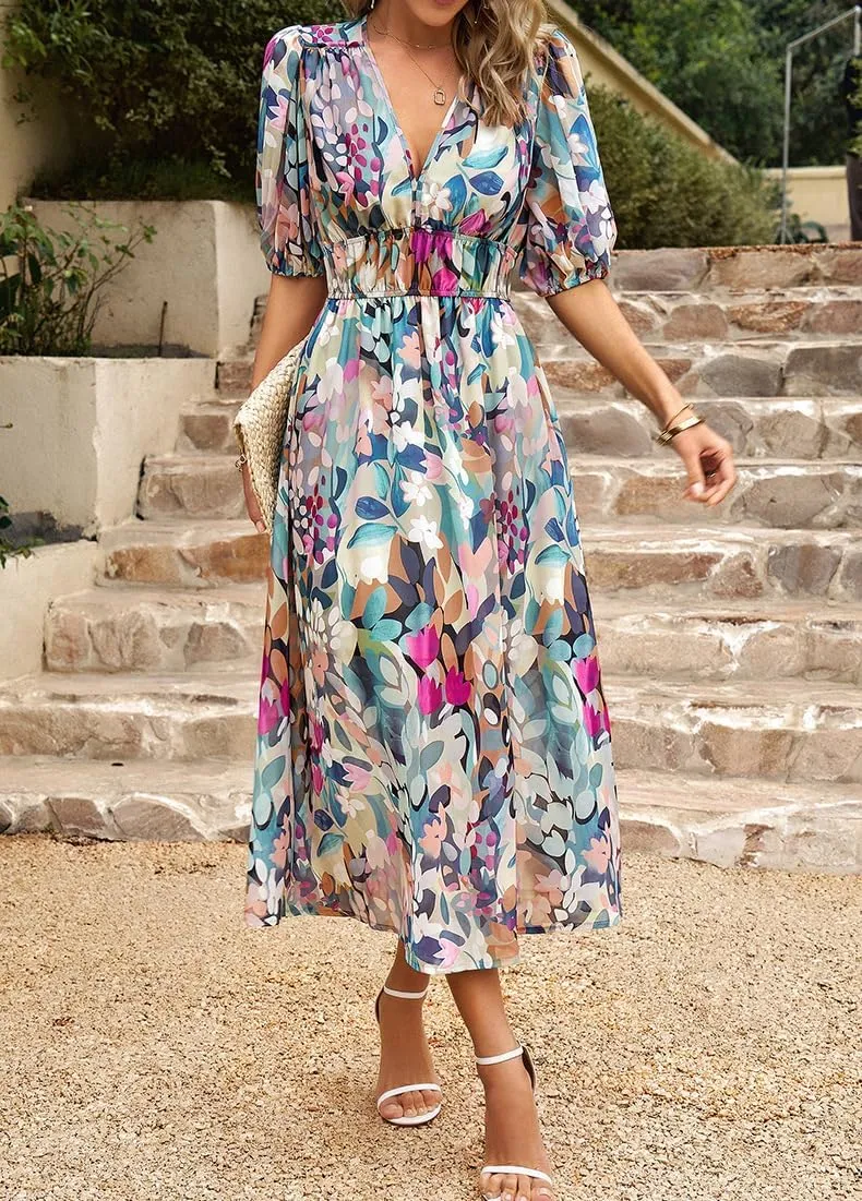 Spring Dresses for Women 2024 Casual,Temperament V-Neck Waist Printed Long Skirt,Puff-Sleeve V-Neck Floral Dress