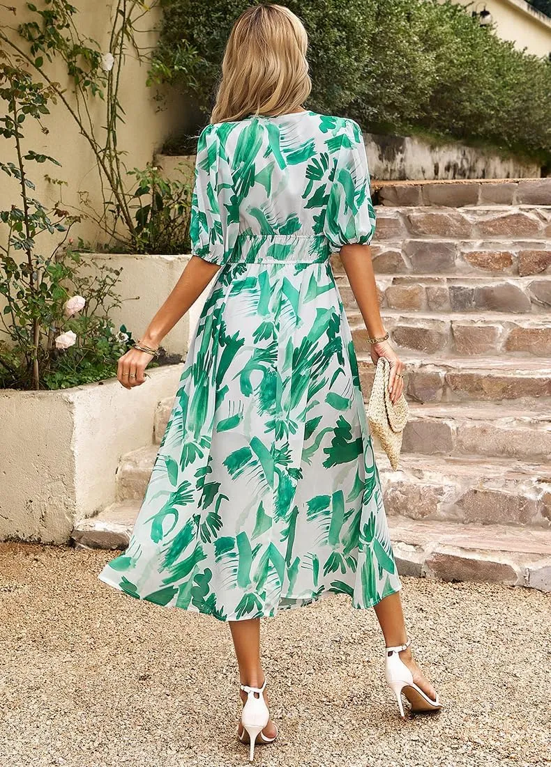 Spring Dresses for Women 2024 Casual,Temperament V-Neck Waist Printed Long Skirt,Puff-Sleeve V-Neck Floral Dress