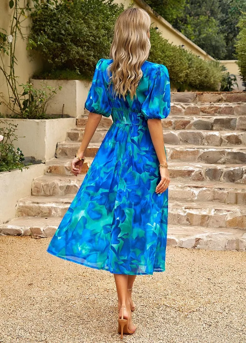 Spring Dresses for Women 2024 Casual,Temperament V-Neck Waist Printed Long Skirt,Puff-Sleeve V-Neck Floral Dress