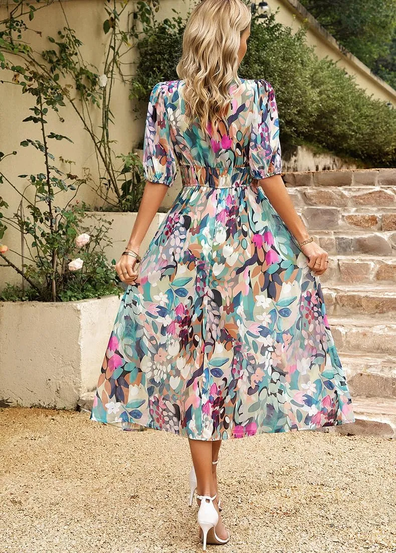 Spring Dresses for Women 2024 Casual,Temperament V-Neck Waist Printed Long Skirt,Puff-Sleeve V-Neck Floral Dress