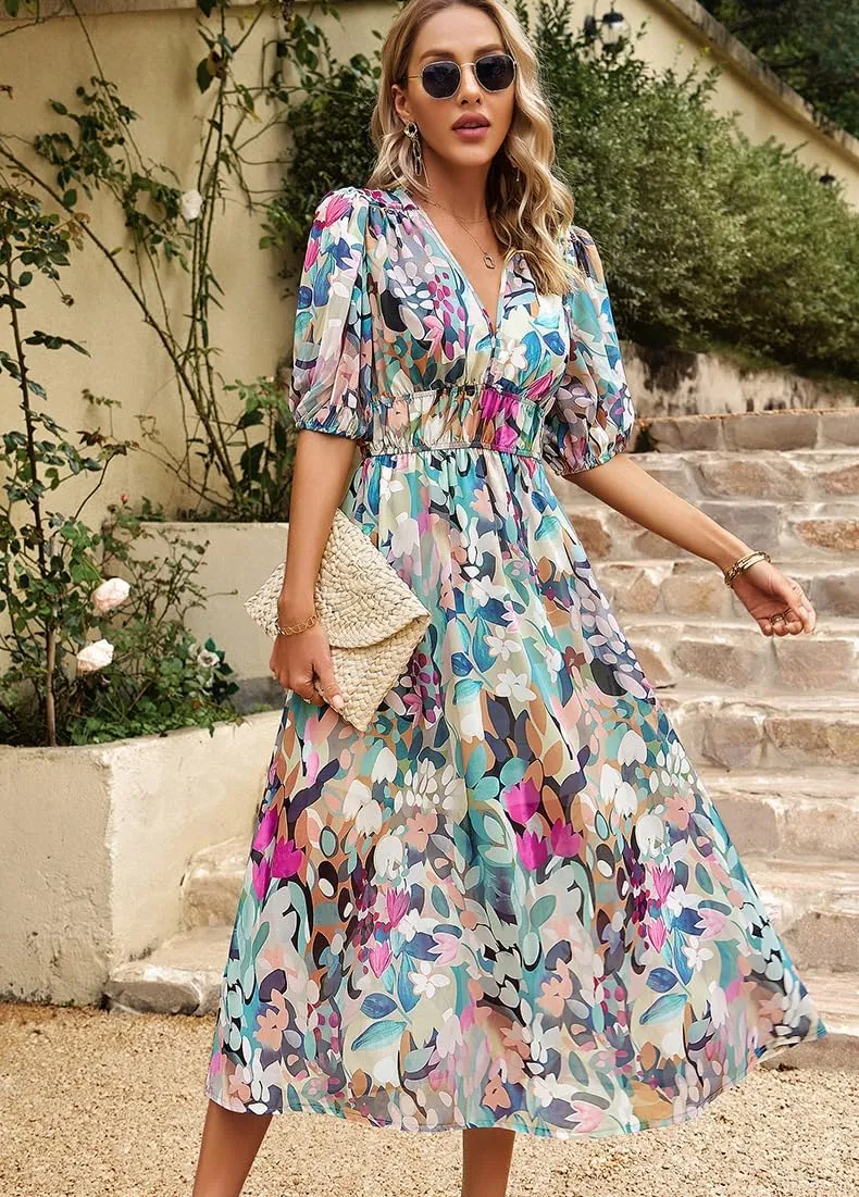 Spring Dresses for Women 2024 Casual,Temperament V-Neck Waist Printed Long Skirt,Puff-Sleeve V-Neck Floral Dress