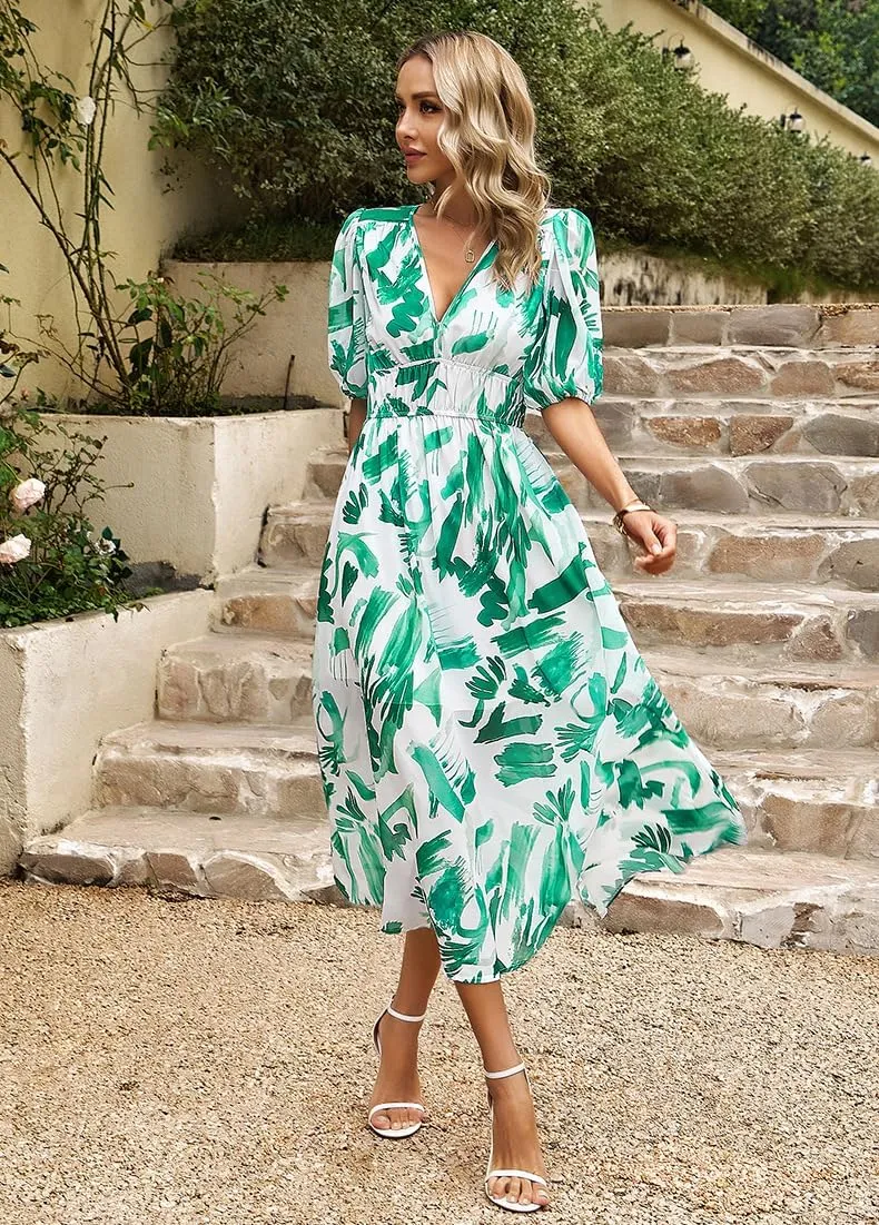Spring Dresses for Women 2024 Casual,Temperament V-Neck Waist Printed Long Skirt,Puff-Sleeve V-Neck Floral Dress